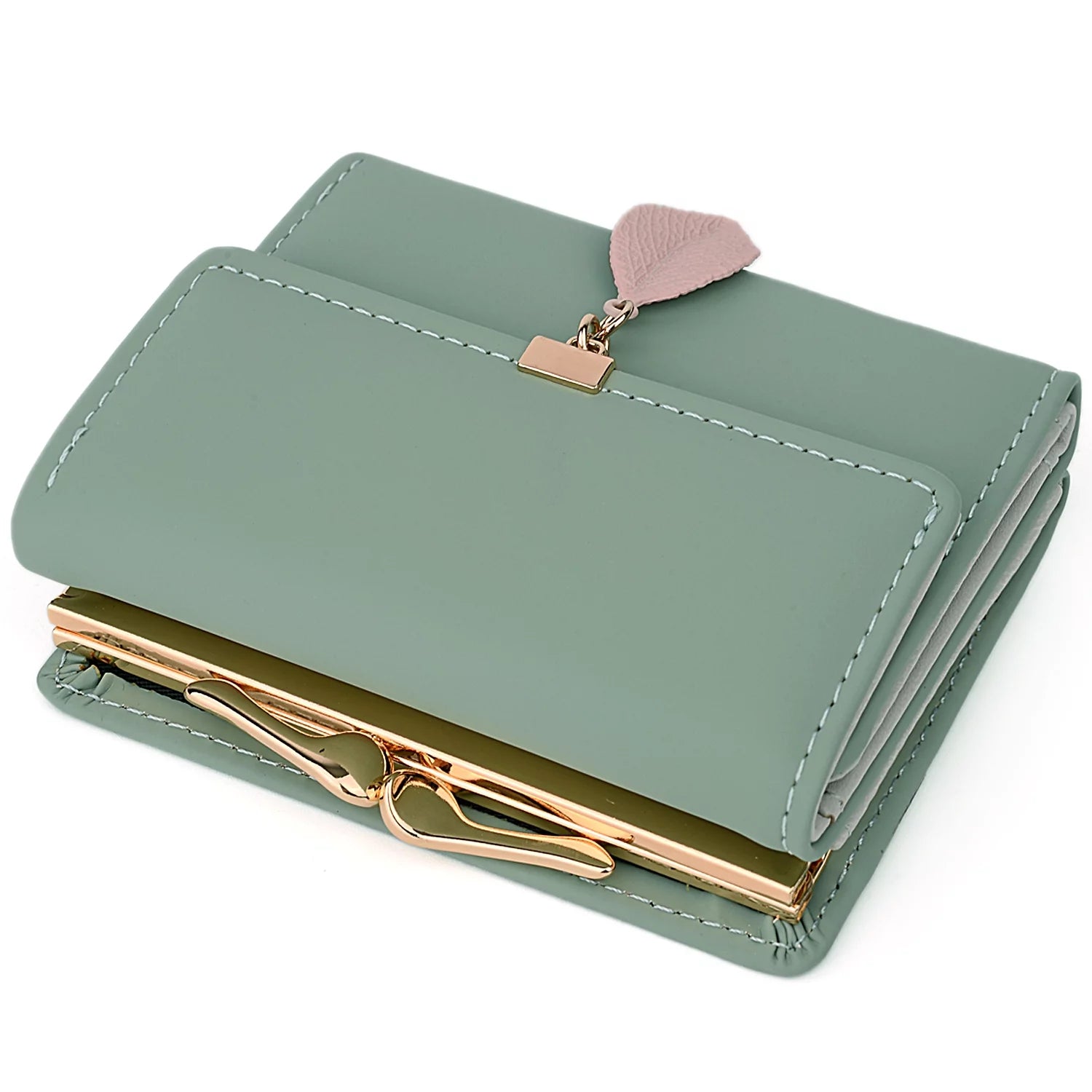 Small Wallet for Women PU Leather RFID Blocking Coin Purse Card Holder Trifold Ladies Purse Leaf Pendant(Green)